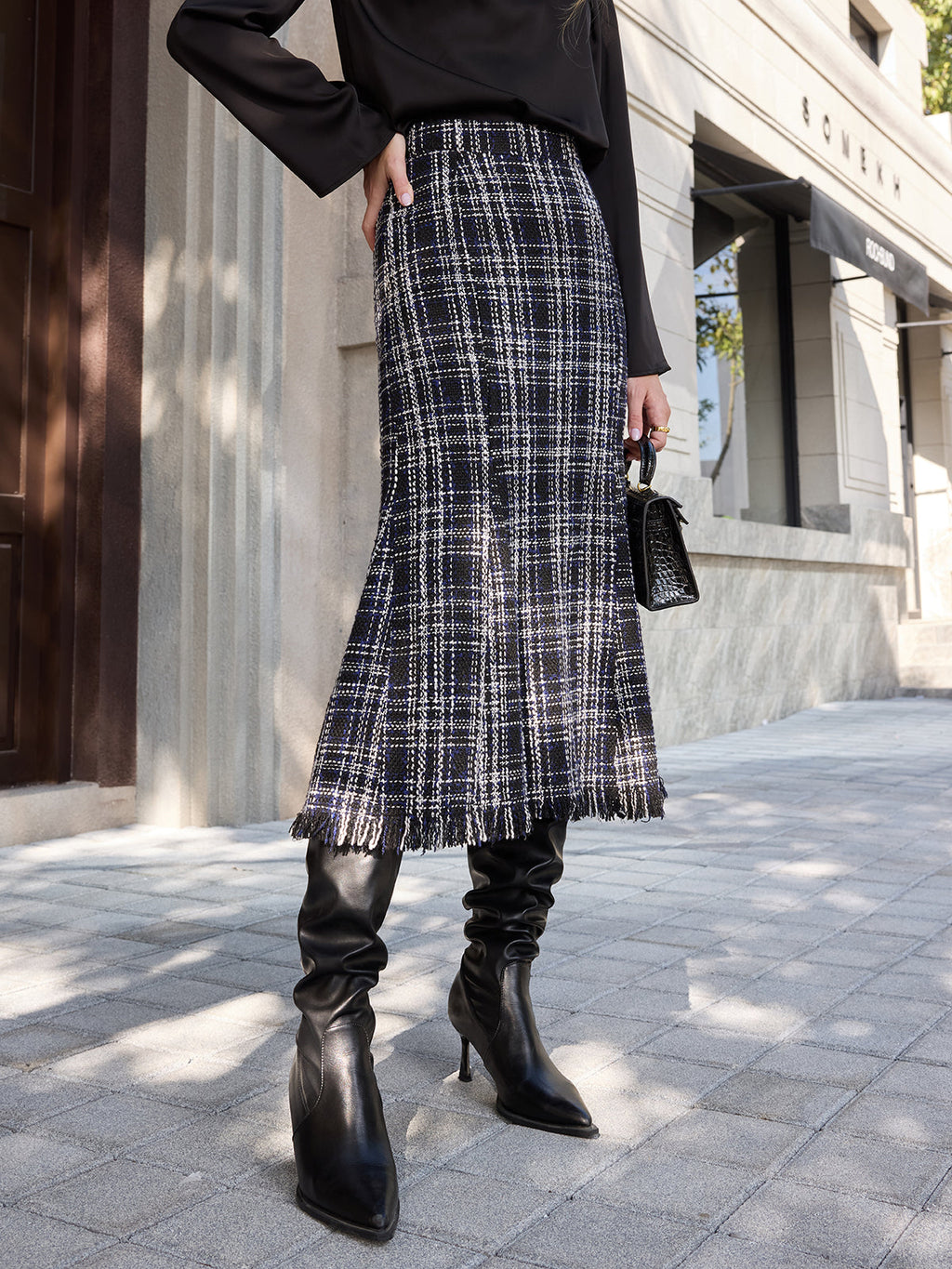 Tweed Plaid Fringe Midi Skirt