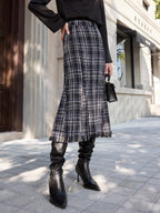 Tweed Plaid Fringe Midi Skirt