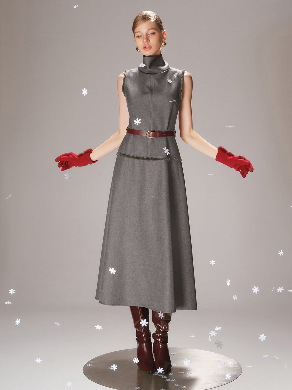 Belted Turtleneck Sleeveless Maxi Dress