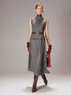 Belted Turtleneck Sleeveless Maxi Dress