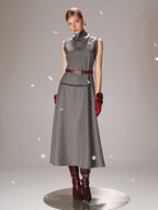 Belted Turtleneck Sleeveless Maxi Dress