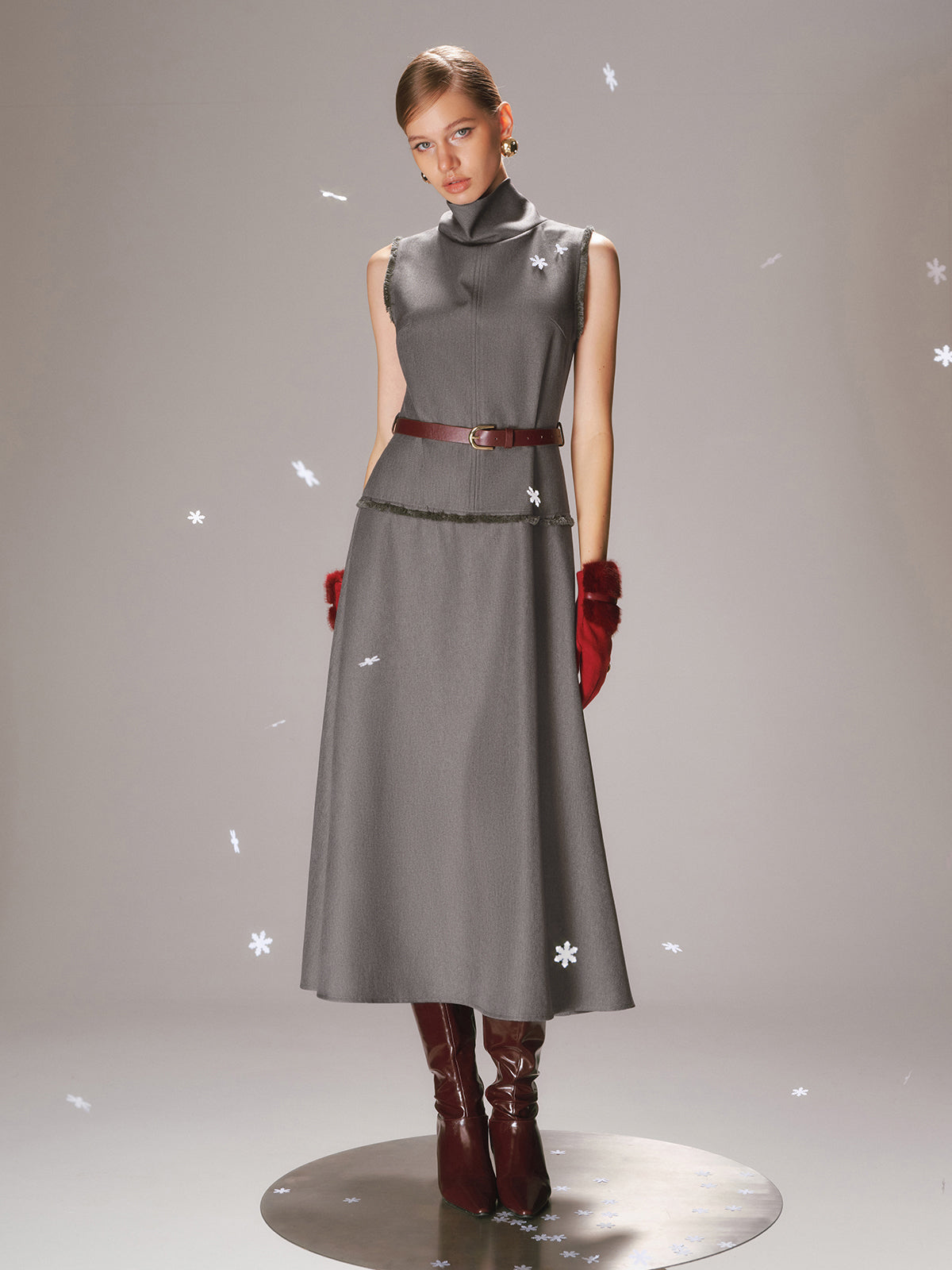 Belted Turtleneck Sleeveless Maxi Dress