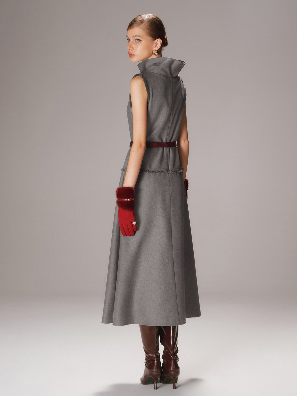 Belted Turtleneck Sleeveless Maxi Dress