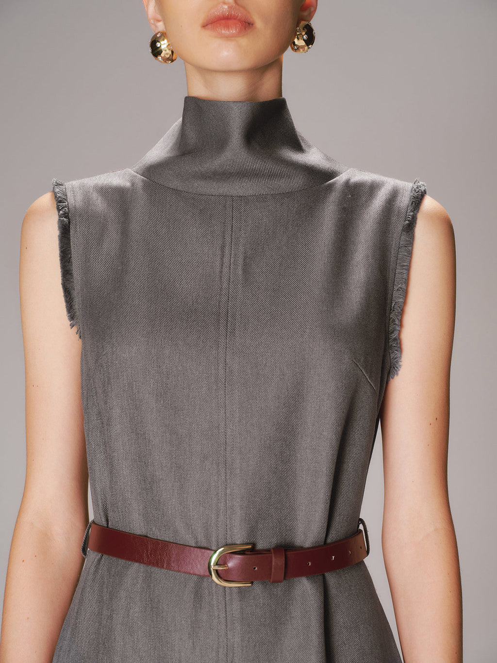 Belted Turtleneck Sleeveless Maxi Dress