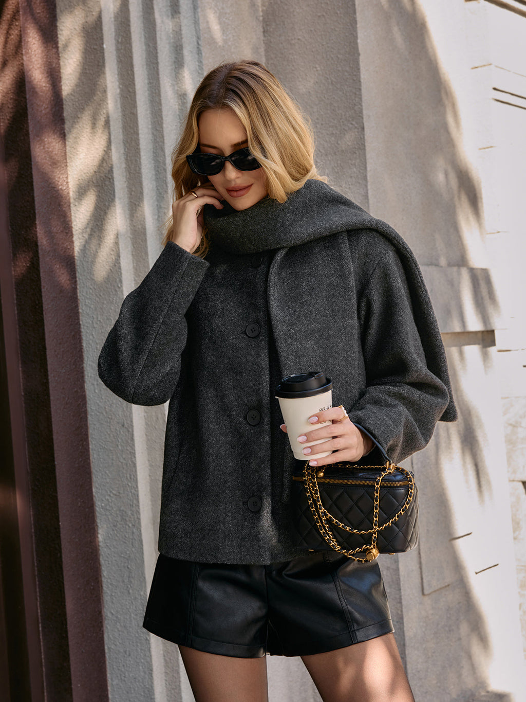 Cropped Bouclé Coat with Scarf