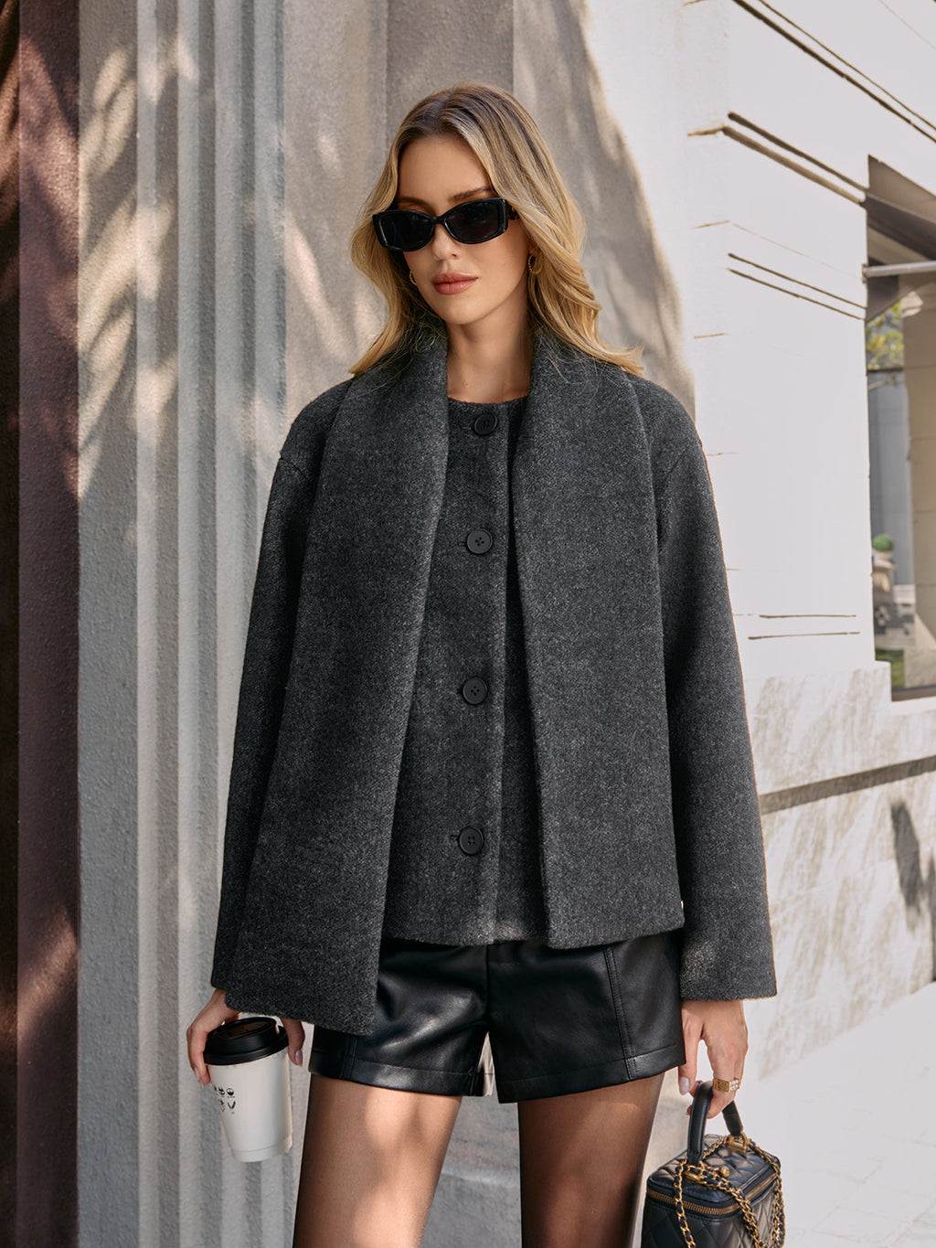 Cropped Bouclé Coat with Scarf