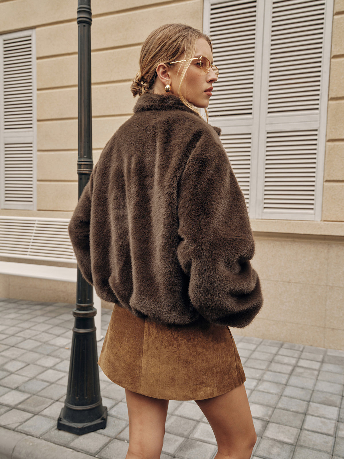 Metal Button Faux Fur Coat