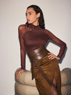 Waist-Cinching Leather-Paneled Suede Wrap Midi Skirt