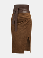 Waist-Cinching Leather-Paneled Suede Wrap Midi Skirt
