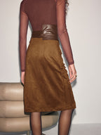 Waist-Cinching Leather-Paneled Suede Wrap Midi Skirt