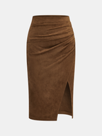 Waist-Cinching Leather-Paneled Suede Wrap Midi Skirt
