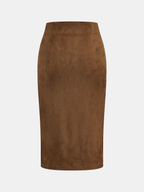 Waist-Cinching Leather-Paneled Suede Wrap Midi Skirt