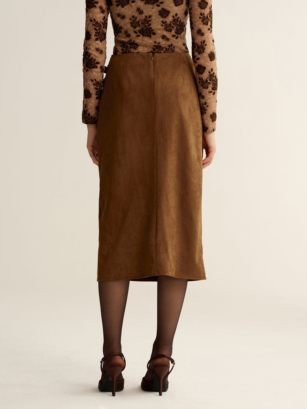 Buckle Detail Side Slit Suede Effect Maxi Skirt