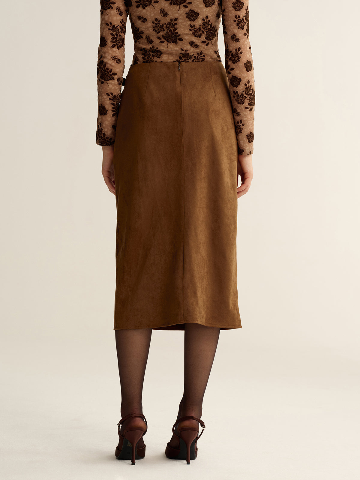 Buckle Detail Side Slit Suede Effect Maxi Skirt