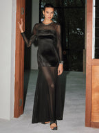 Long Sleeve Mesh Velvet Fitted Dress