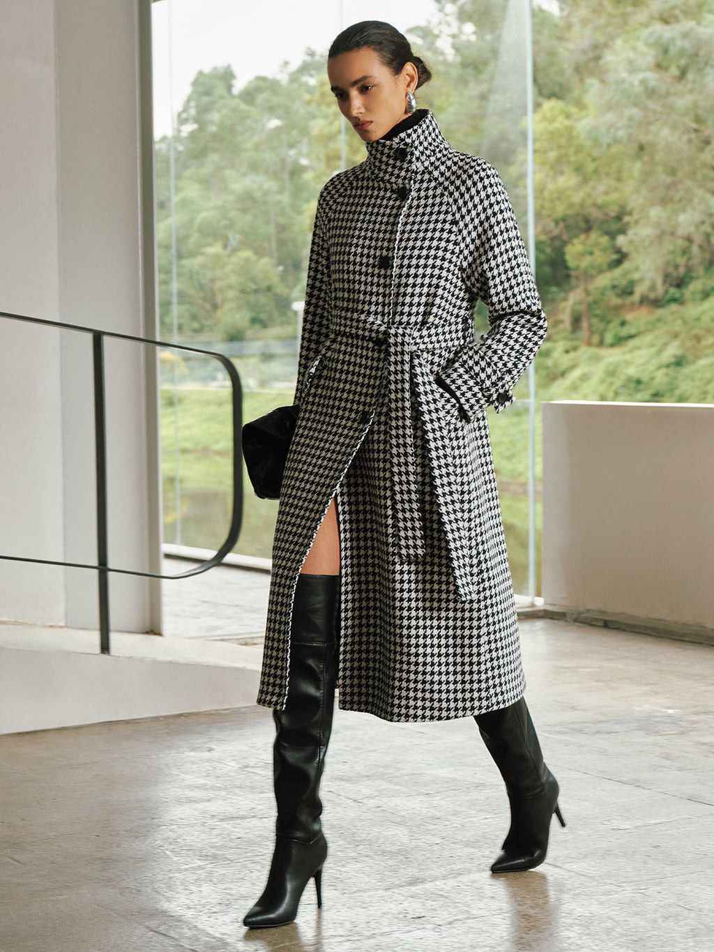 Belted Tweed Houndstooth Long Trench Coat