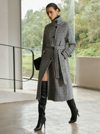Belted Tweed Houndstooth Long Trench Coat
