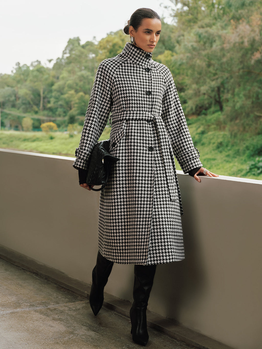 Belted Tweed Houndstooth Long Trench Coat