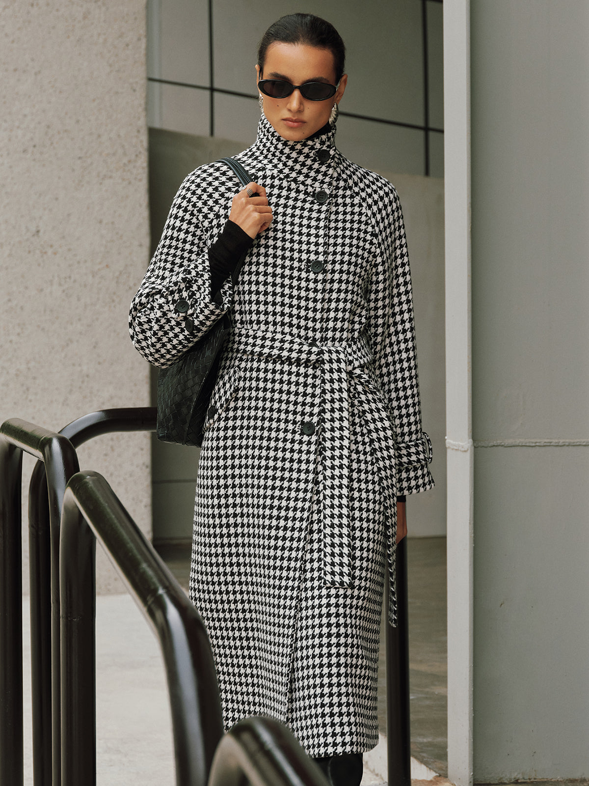 Belted Tweed Houndstooth Long Trench Coat