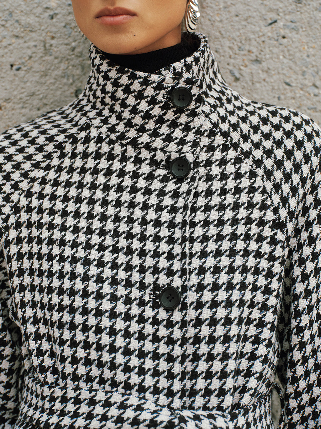 Belted Tweed Houndstooth Long Trench Coat