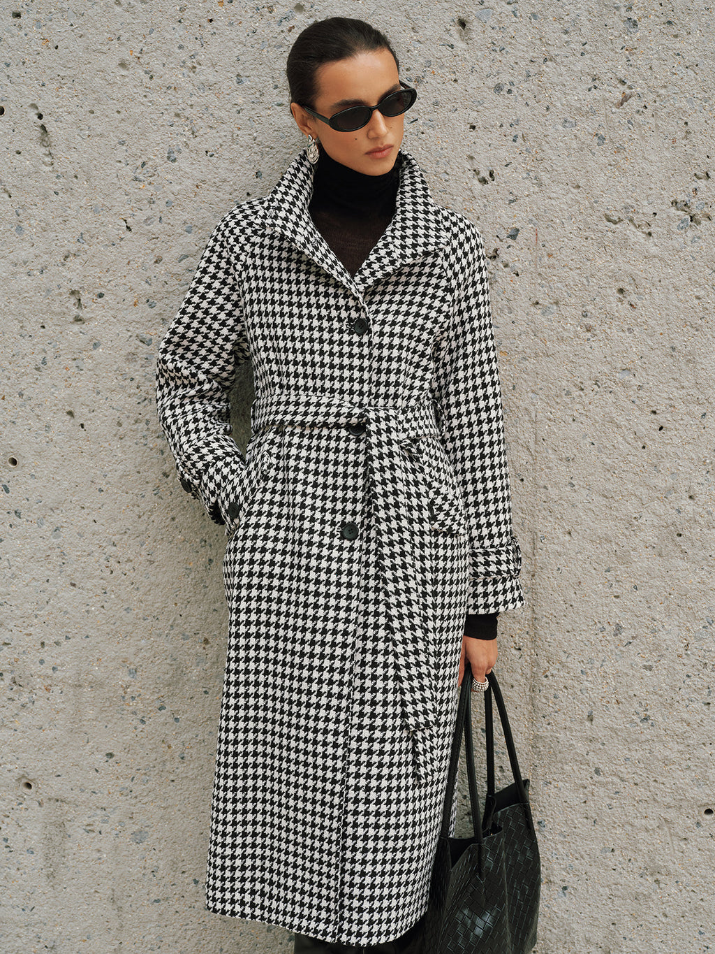 Belted Tweed Houndstooth Long Trench Coat