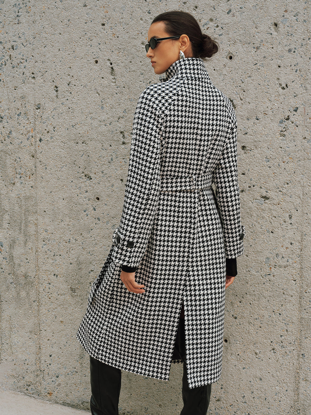 Belted Tweed Houndstooth Long Trench Coat