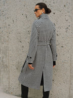 Belted Tweed Houndstooth Long Trench Coat