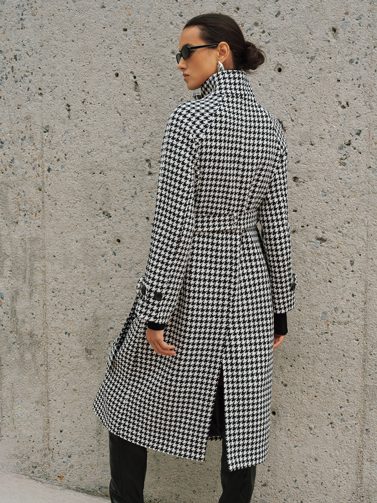 Belted Tweed Houndstooth Long Trench Coat