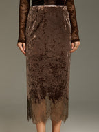 Lace Hem Velvet Midi Skirt