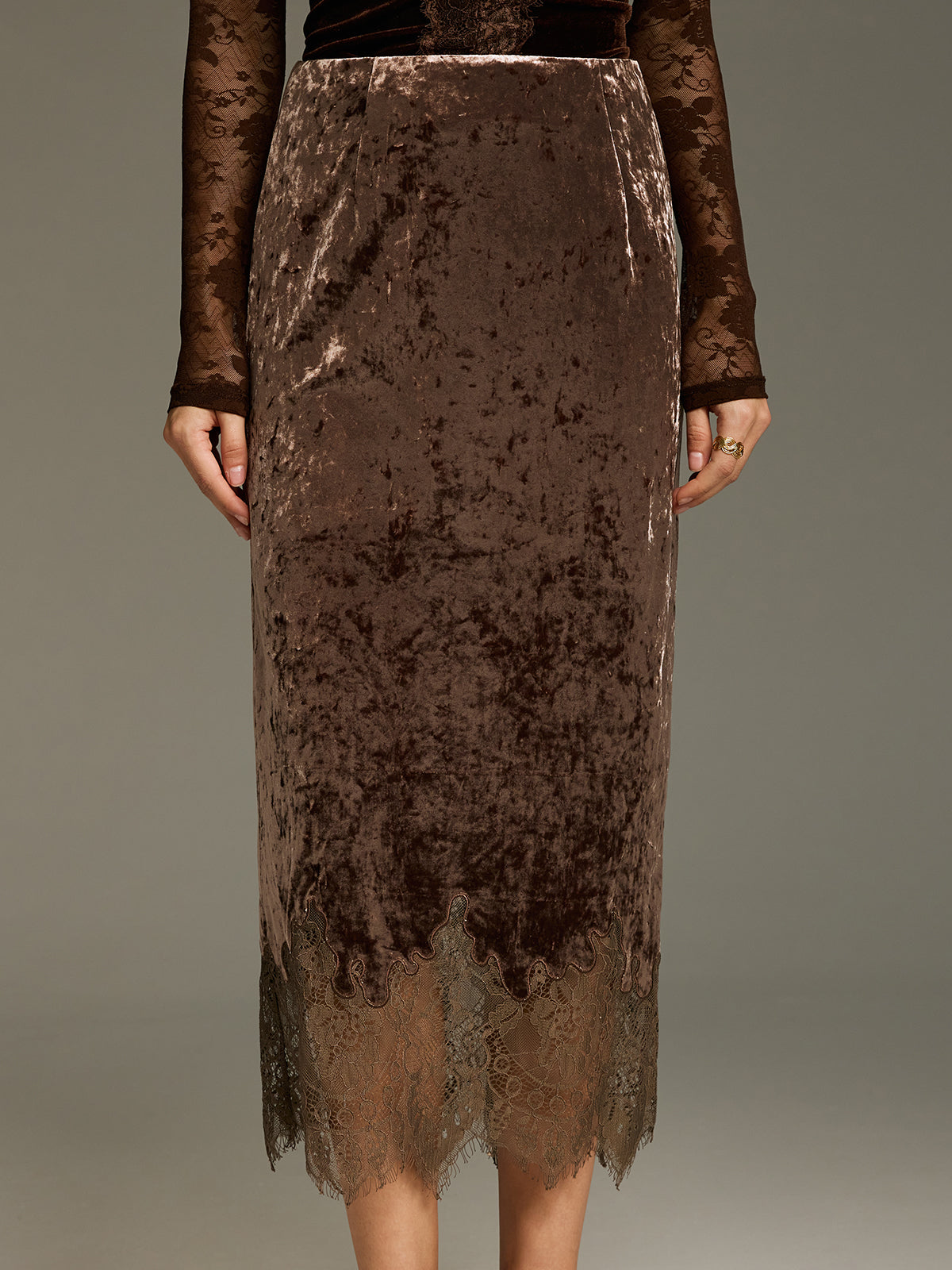 Lace Hem Velvet Midi Skirt