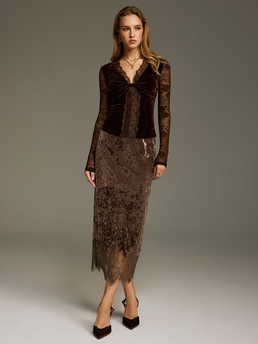Lace Hem Velvet Midi Skirt