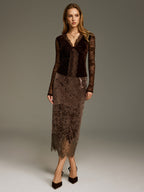 Lace Hem Velvet Midi Skirt