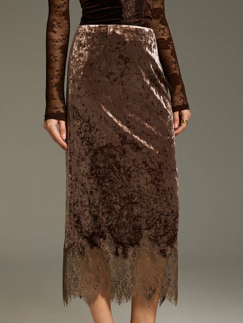 Lace Hem Velvet Midi Skirt