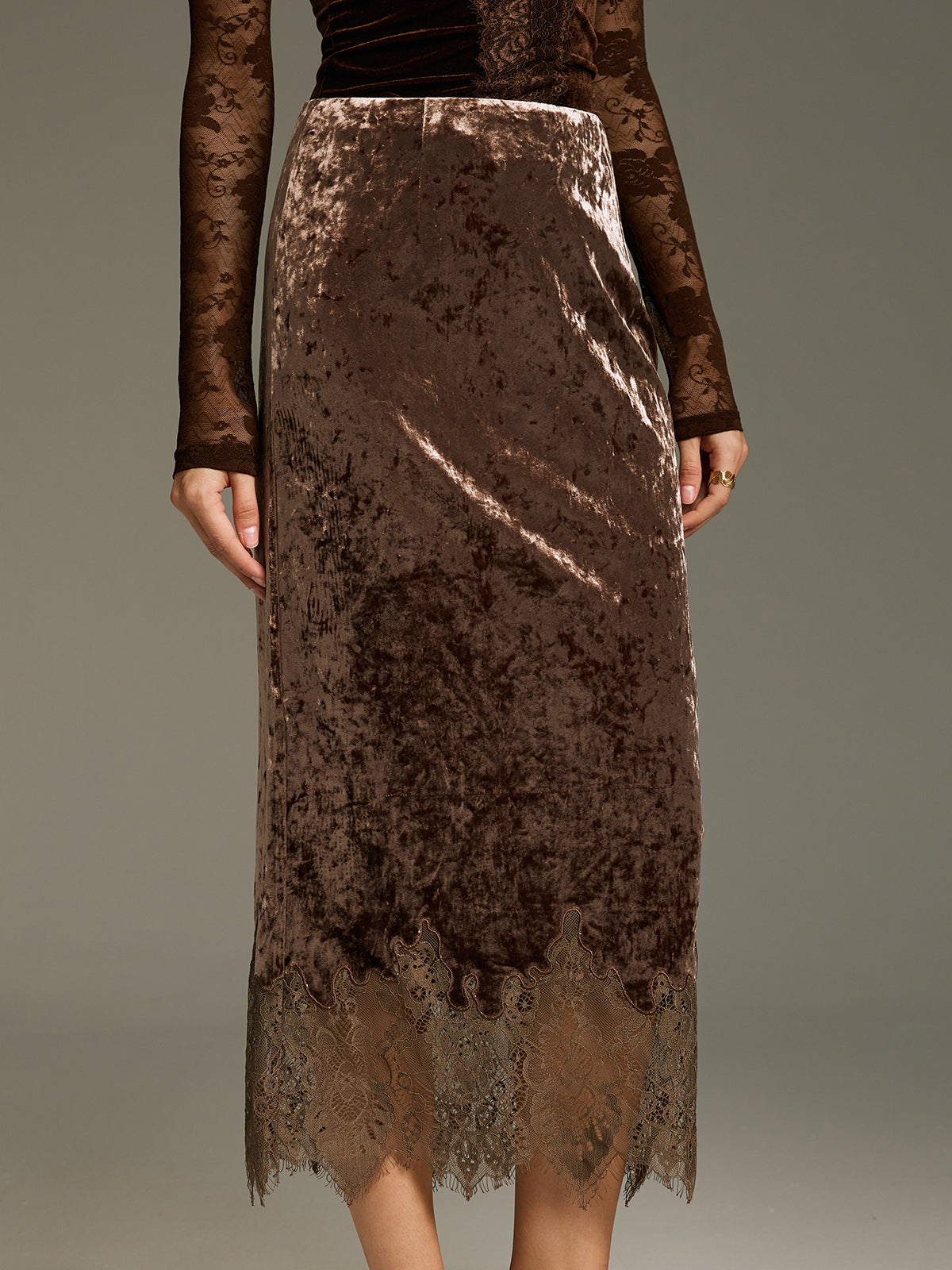 Lace Hem Velvet Midi Skirt