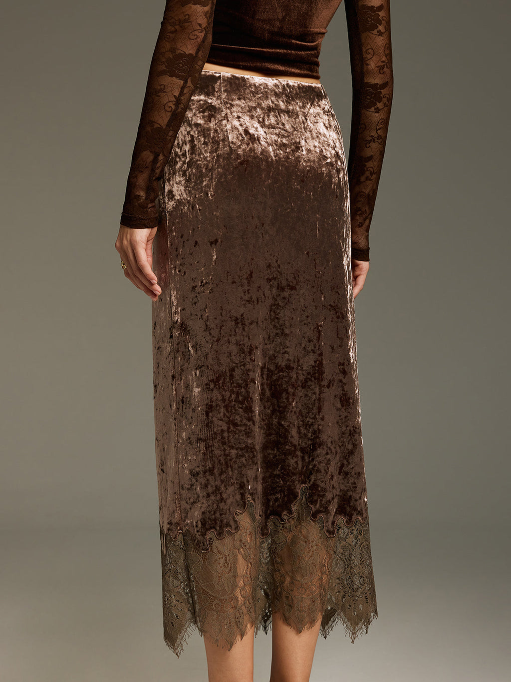 Lace Hem Velvet Midi Skirt