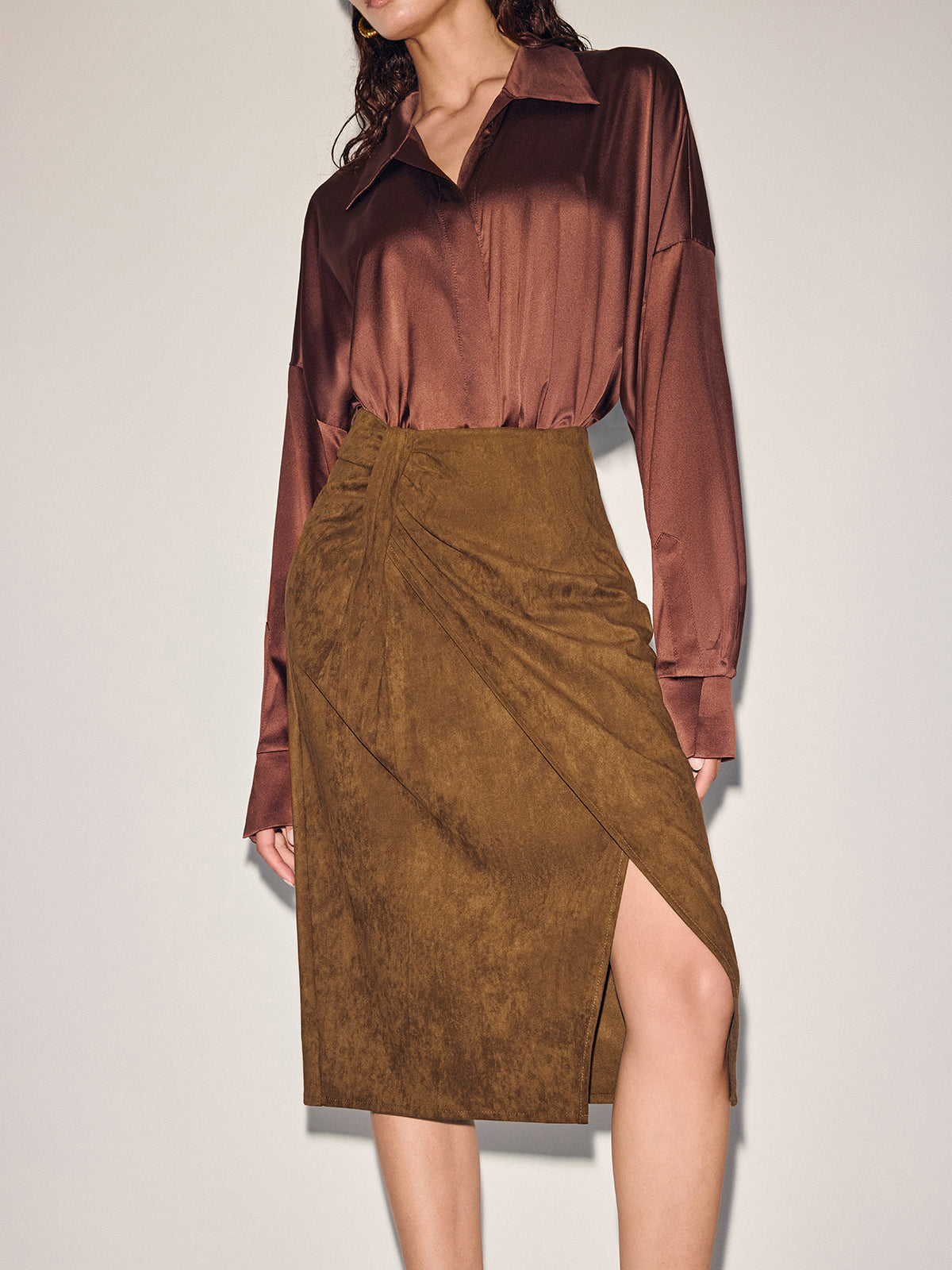 Twist-Front Slit Suede Skirt
