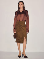 Twist-Front Slit Suede Skirt