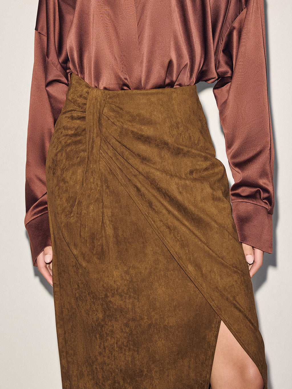 Twist-Front Slit Suede Skirt