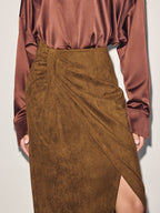 Twist-Front Slit Suede Skirt