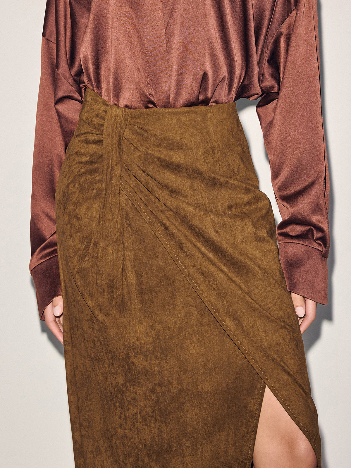 Twist-Front Slit Suede Skirt