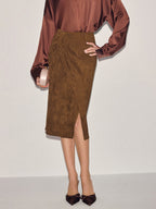 Twist-Front Slit Suede Skirt