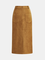 Decorative Button Suede Effect Slit Midi Skirt
