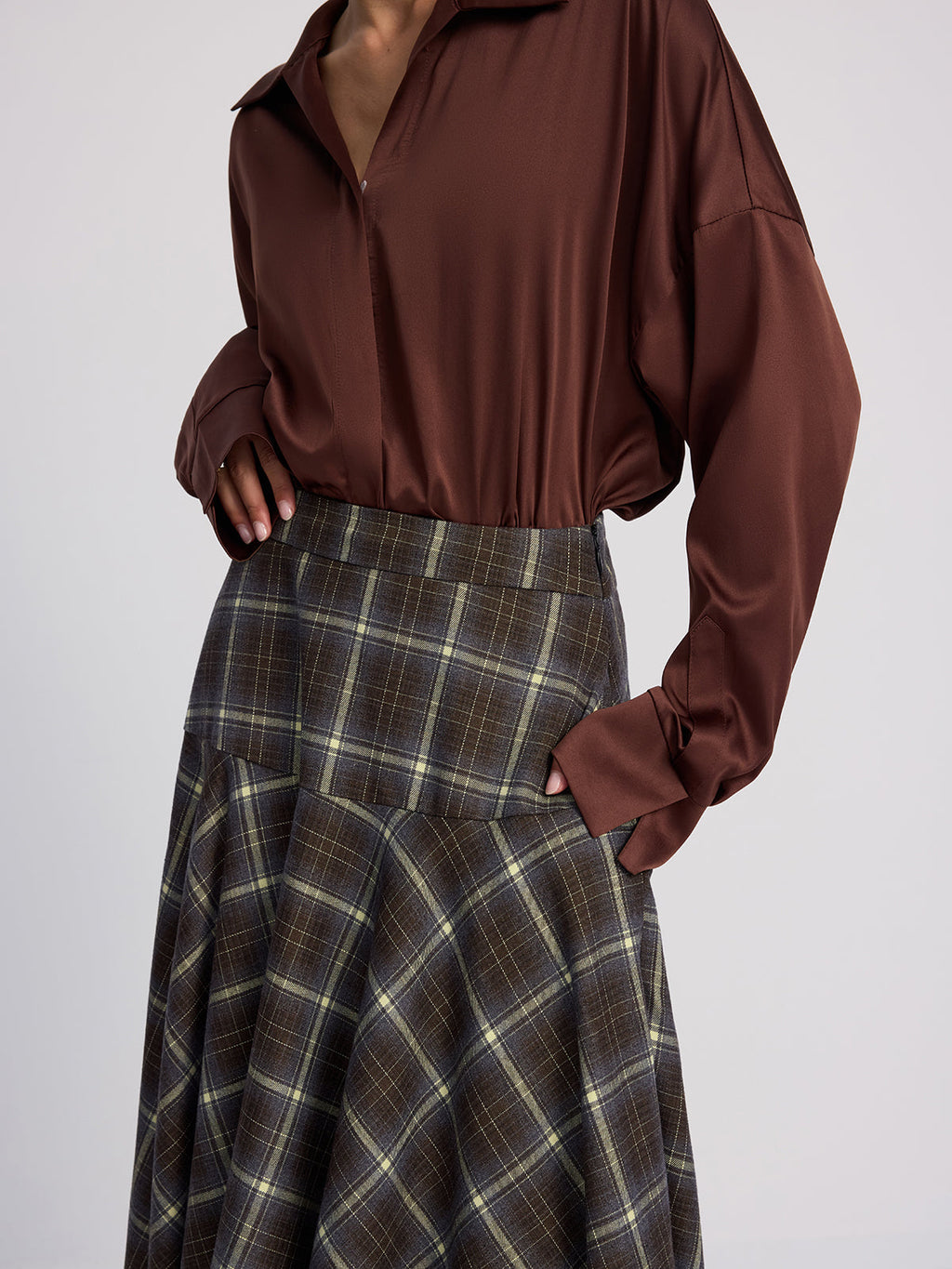 High-Waisted Asymmetric Plaid Midi Skirt