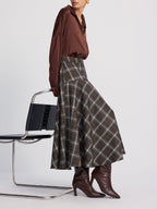 High-Waisted Asymmetric Plaid Midi Skirt