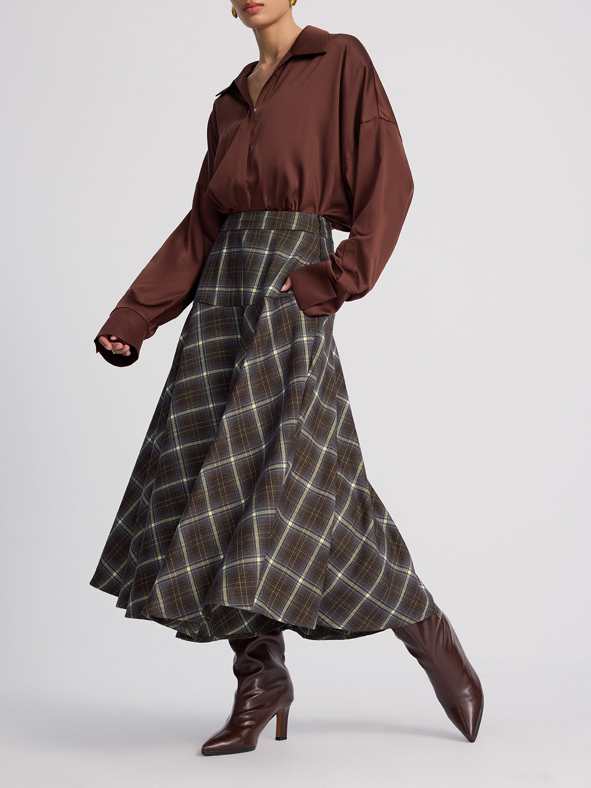High-Waisted Asymmetric Plaid Midi Skirt