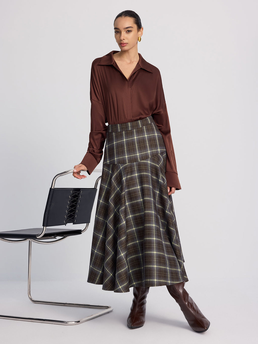 High-Waisted Asymmetric Plaid Midi Skirt