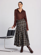 High-Waisted Asymmetric Plaid Midi Skirt