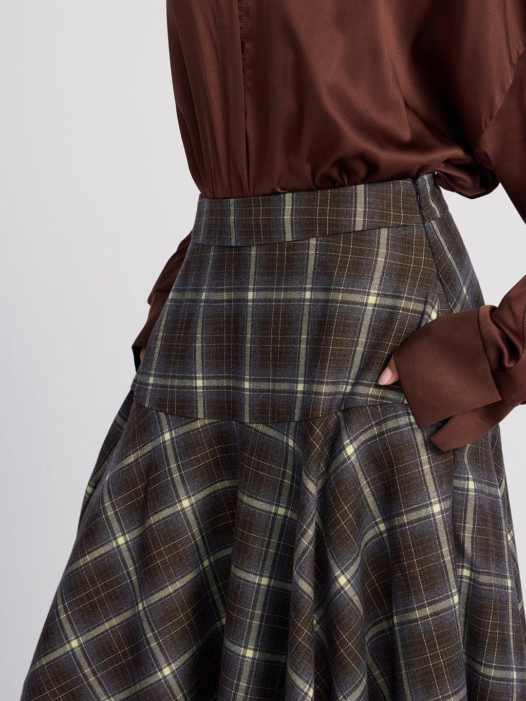 High-Waisted Asymmetric Plaid Midi Skirt