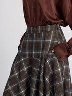 High-Waisted Asymmetric Plaid Midi Skirt