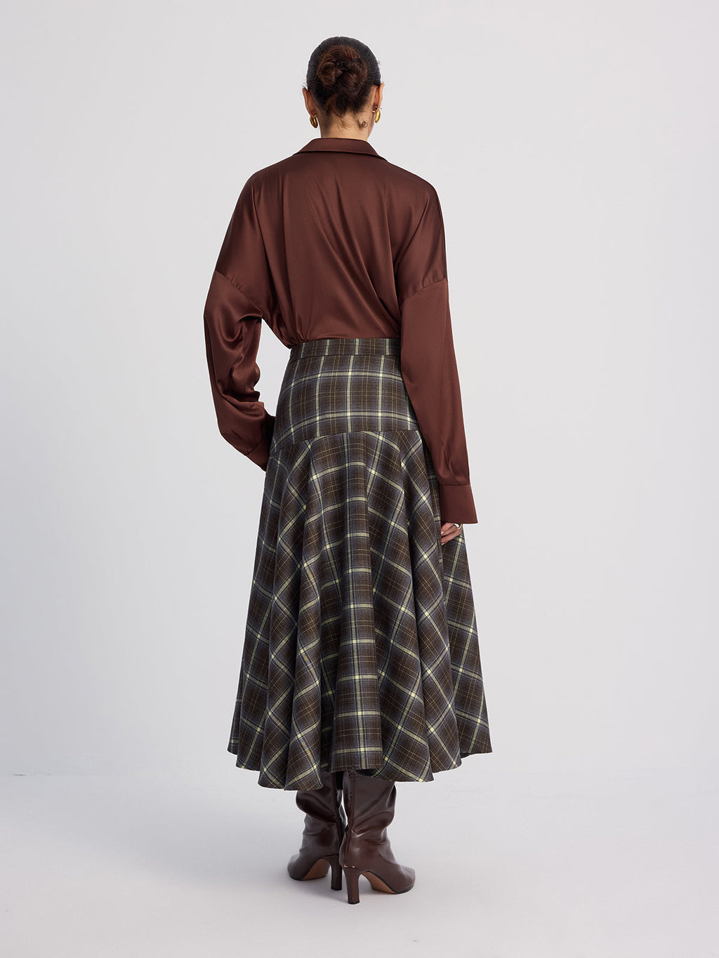 High-Waisted Asymmetric Plaid Midi Skirt